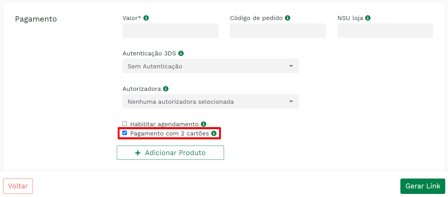 "Formulário de pagamento com opção Pagamento com 2 cartões." -no-filter