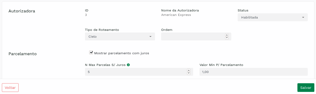 "Configuração de Autorizadora." -no-filter